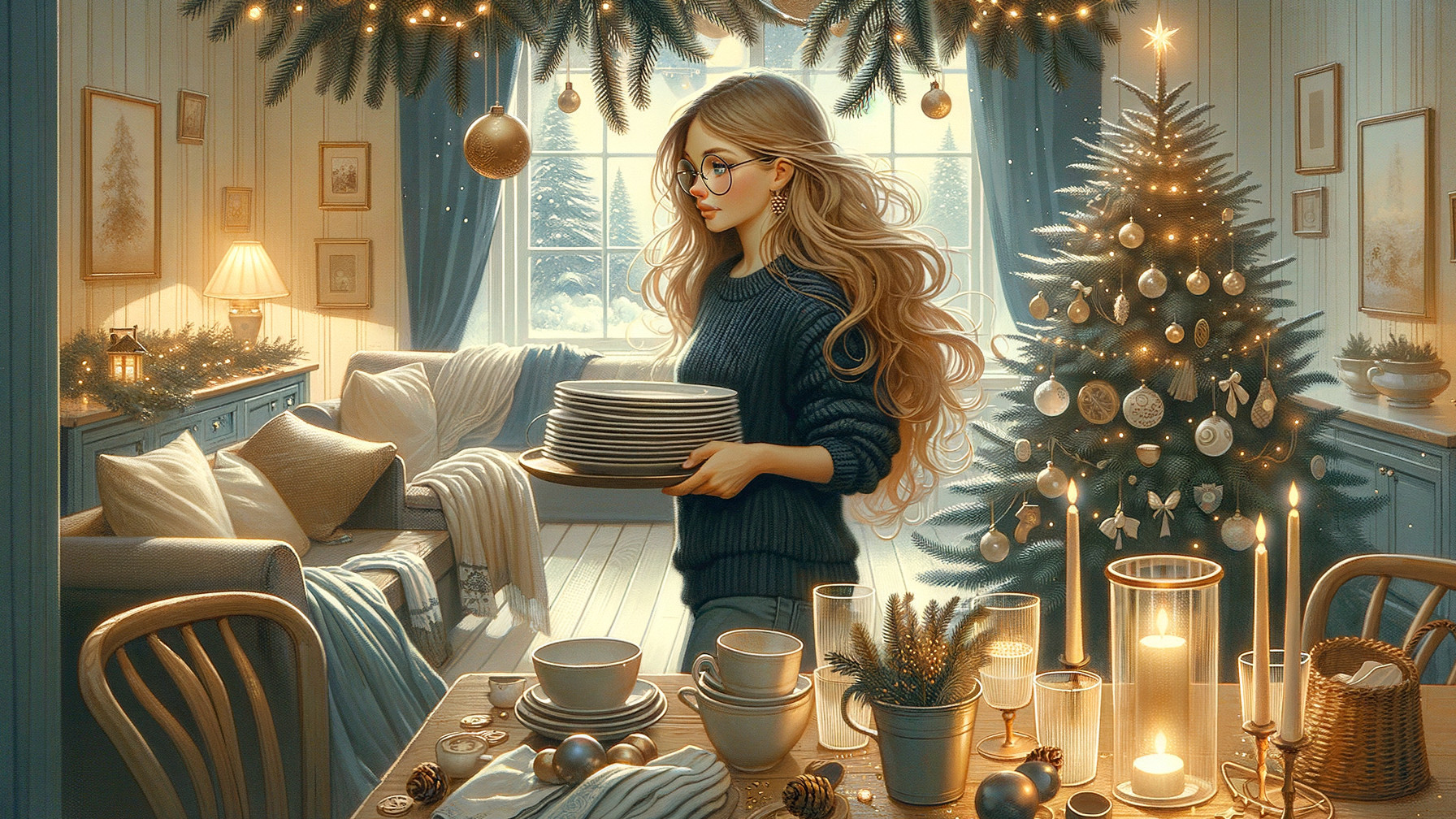 Young Woman with Plates in Festively Decorated Room