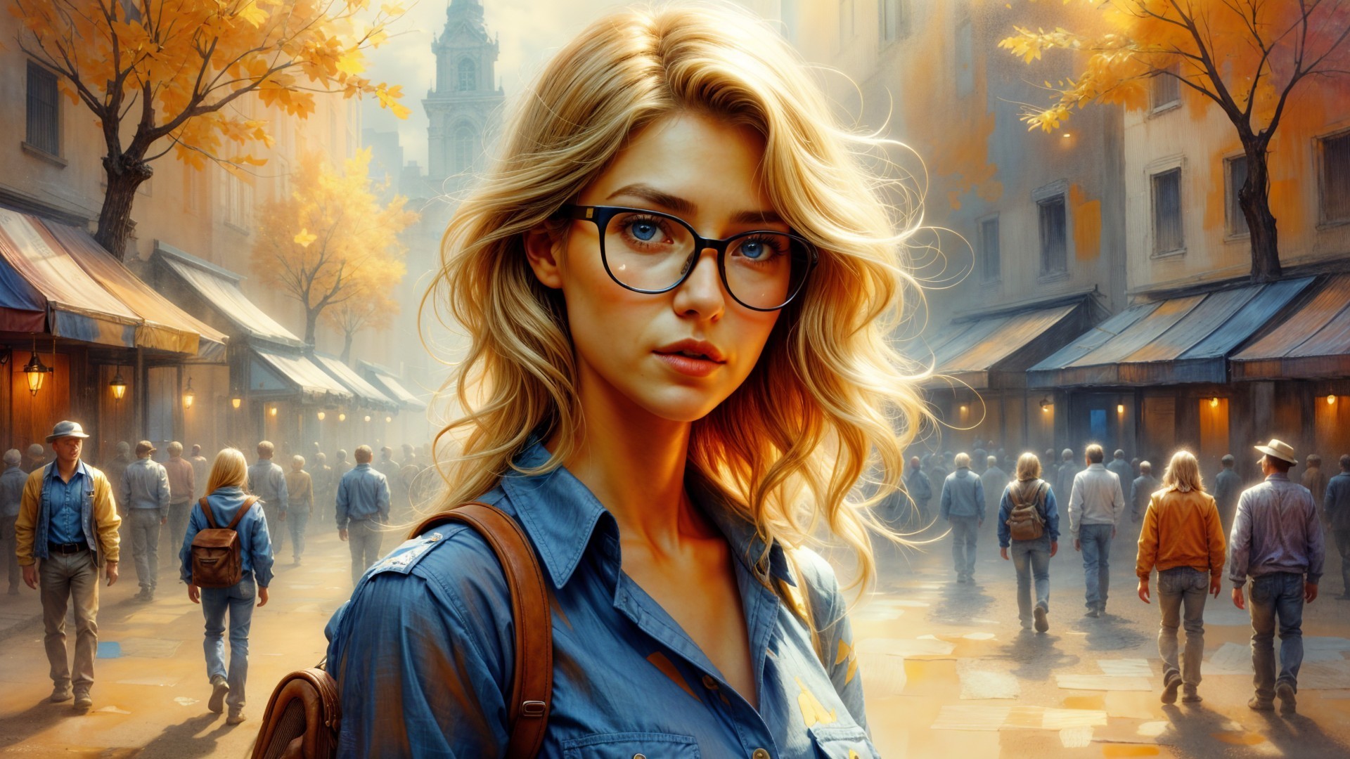 Young Woman in Autumn Street Scene with Trees