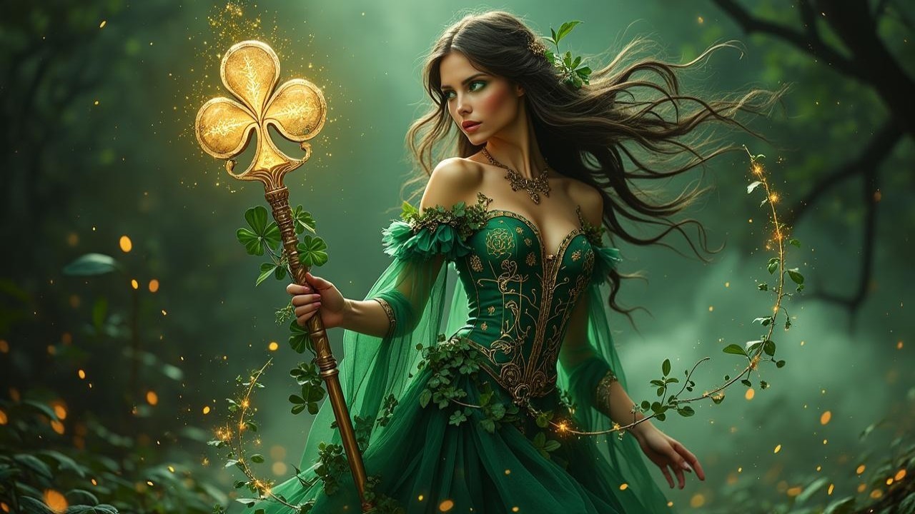 Mystical figure in enchanted forest with glowing staff