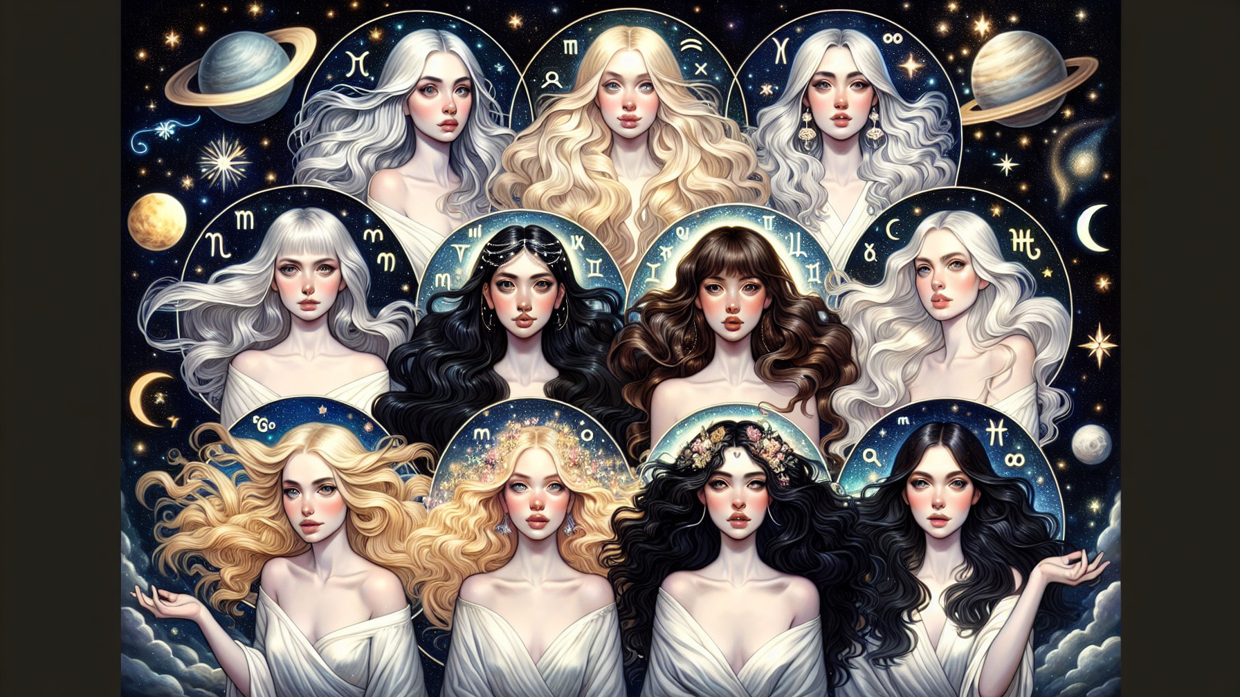 Collage of Zodiac Women in Starry Cosmos Setting