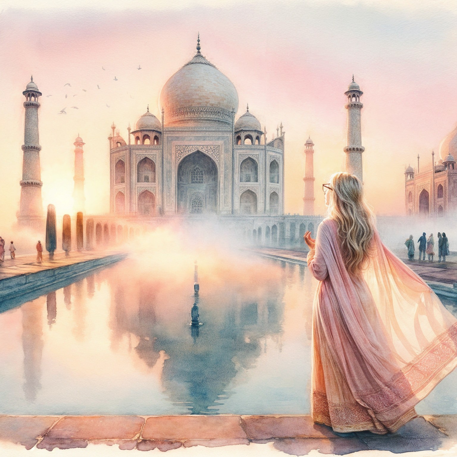 Woman by Reflection Pool at Taj Mahal at Dawn