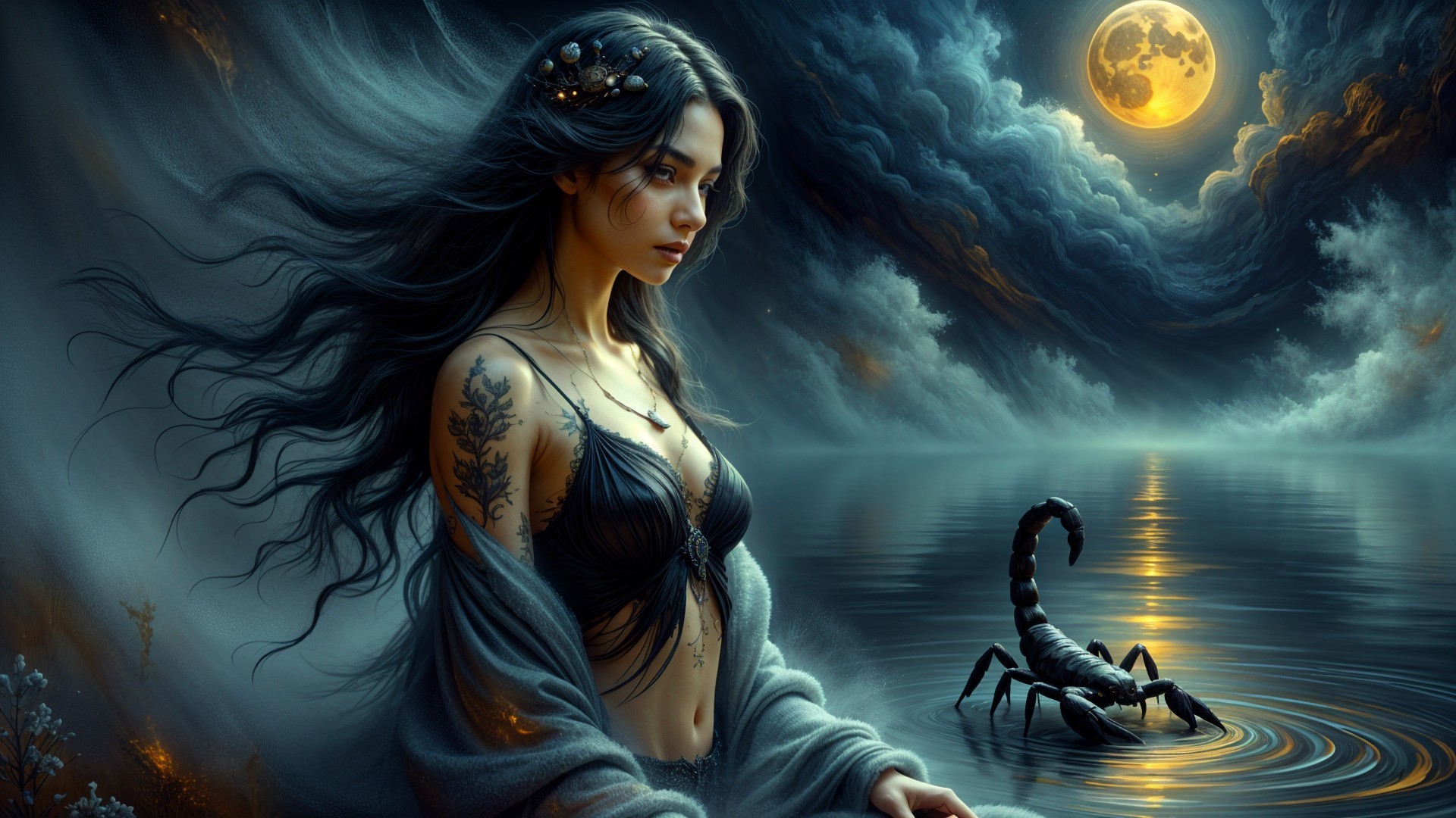 Mystical Scene Under Full Moon with Enchanting Woman