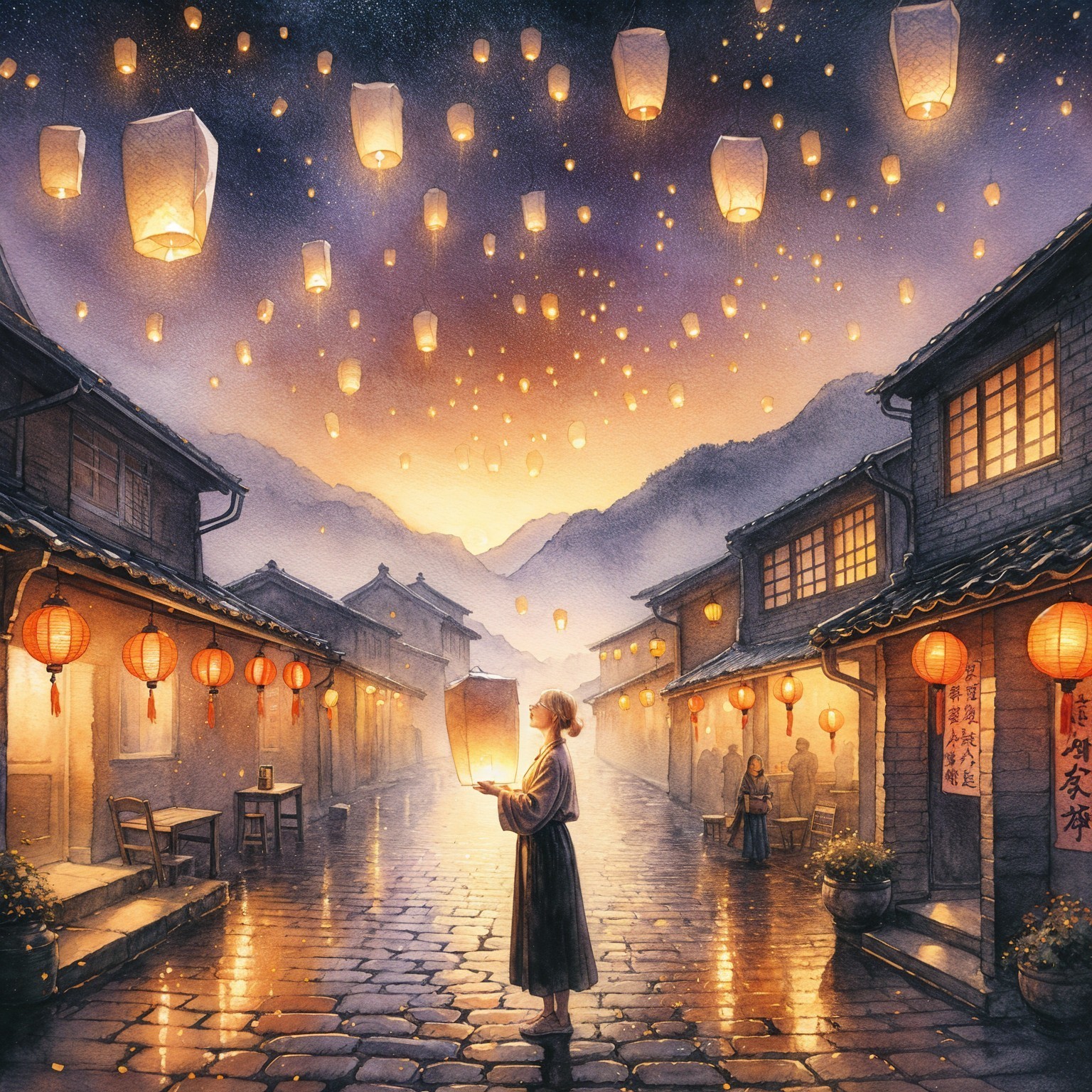 Evening Scene with Lanterns and Traditional Buildings