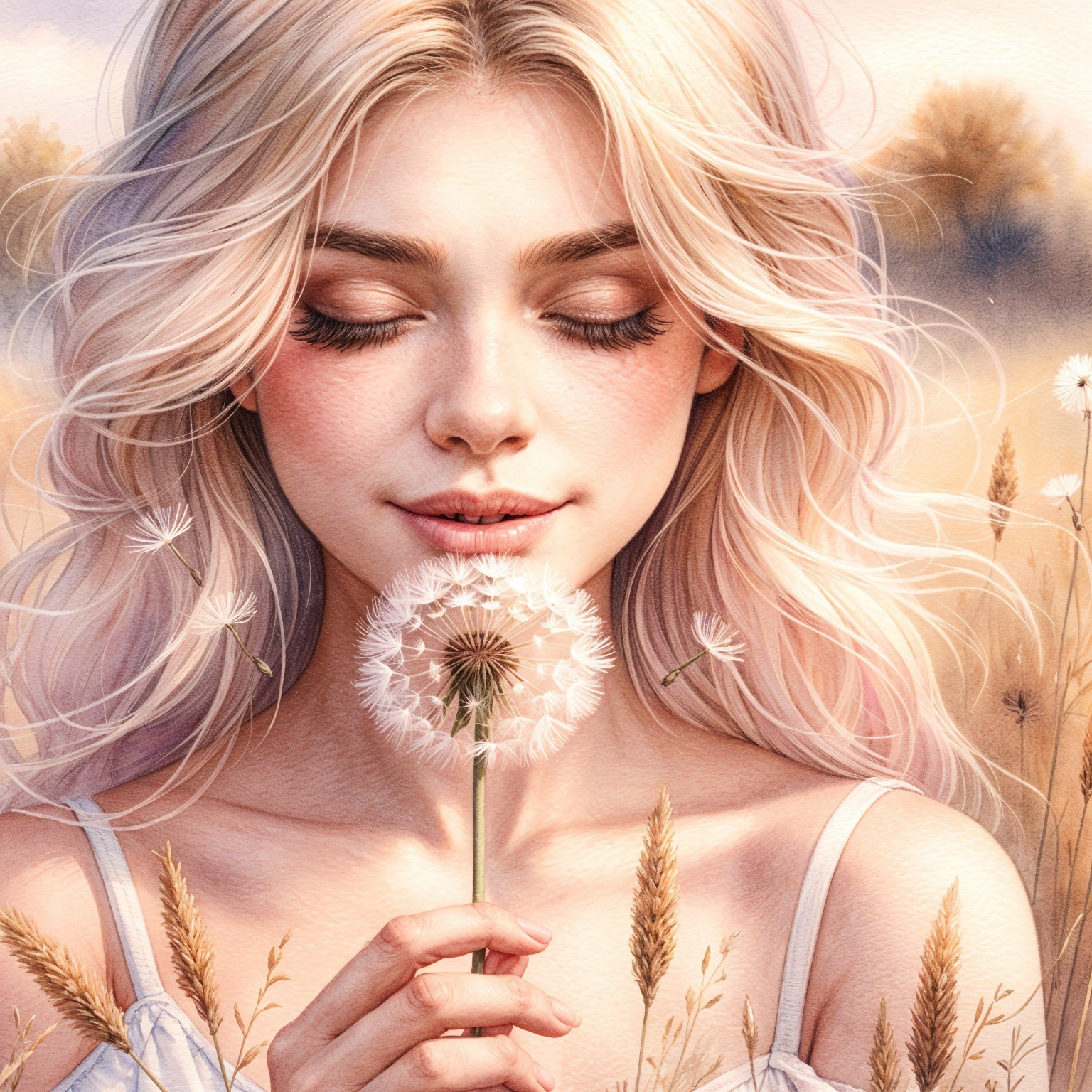 Young woman in field with dandelion puff and glow
