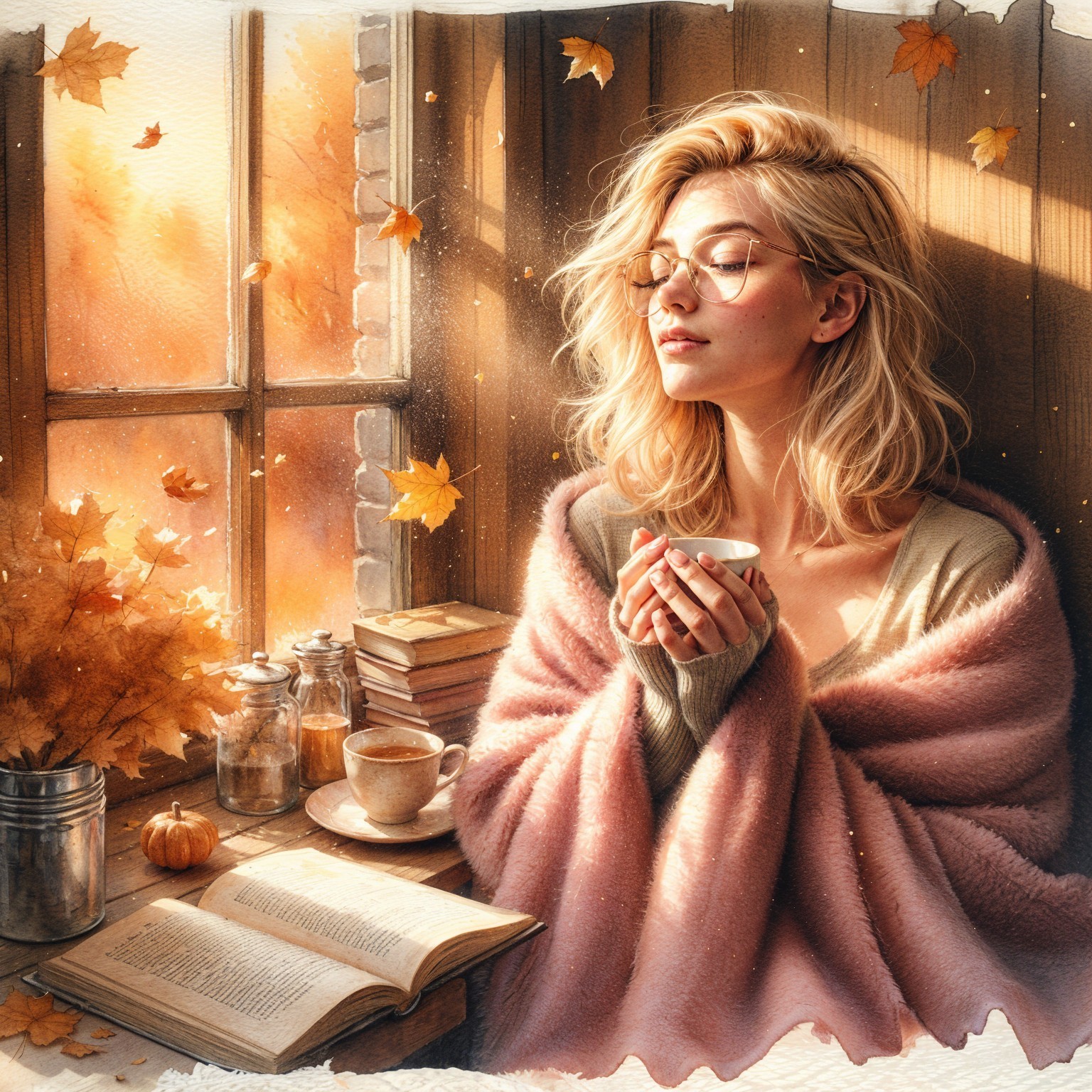 Cozy Autumn Scene with Woman, Blanket, and Books