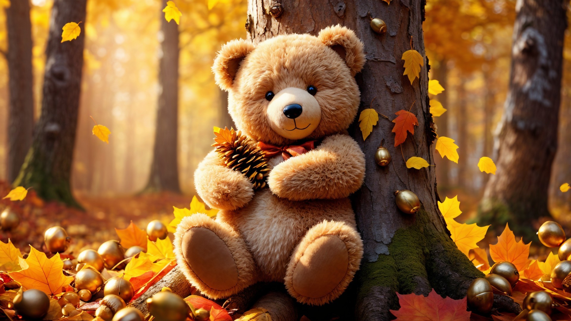 Fluffy Teddy Bear in Vibrant Autumn Forest Setting