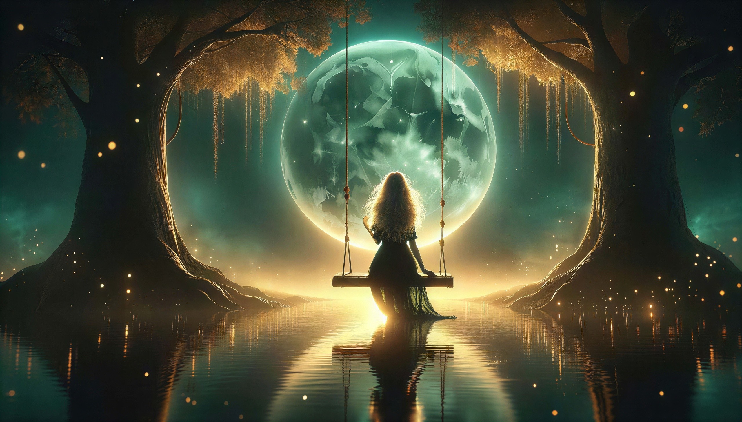 Young woman on swing under glowing green moonlight