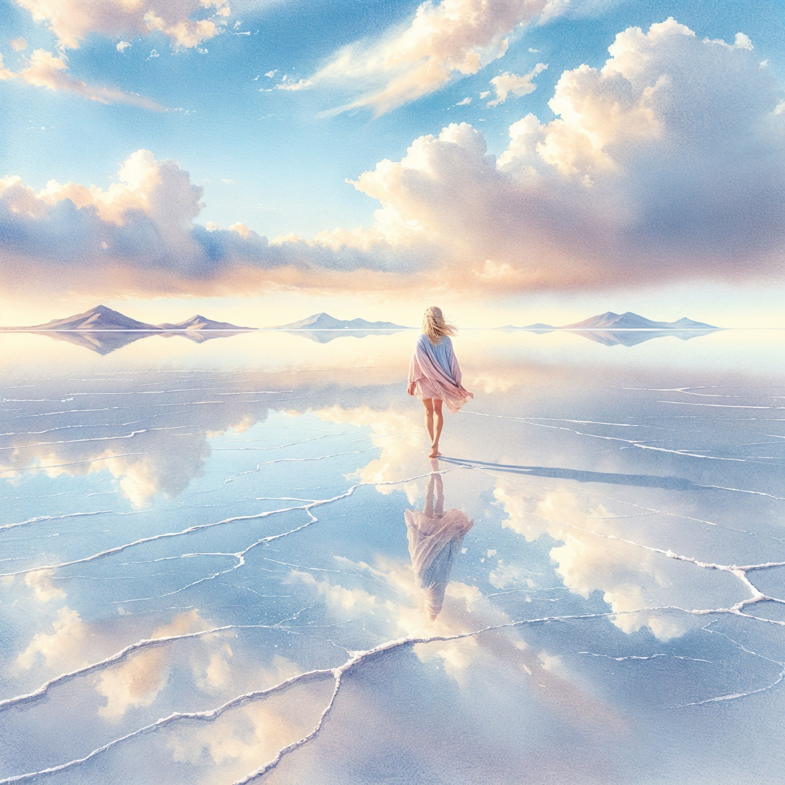 Reflective Salt Flat Landscape with Cloudy Sky