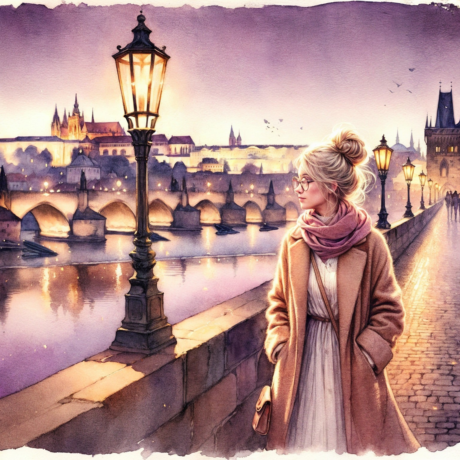 Young Woman by Riverside with Twilight Cityscape