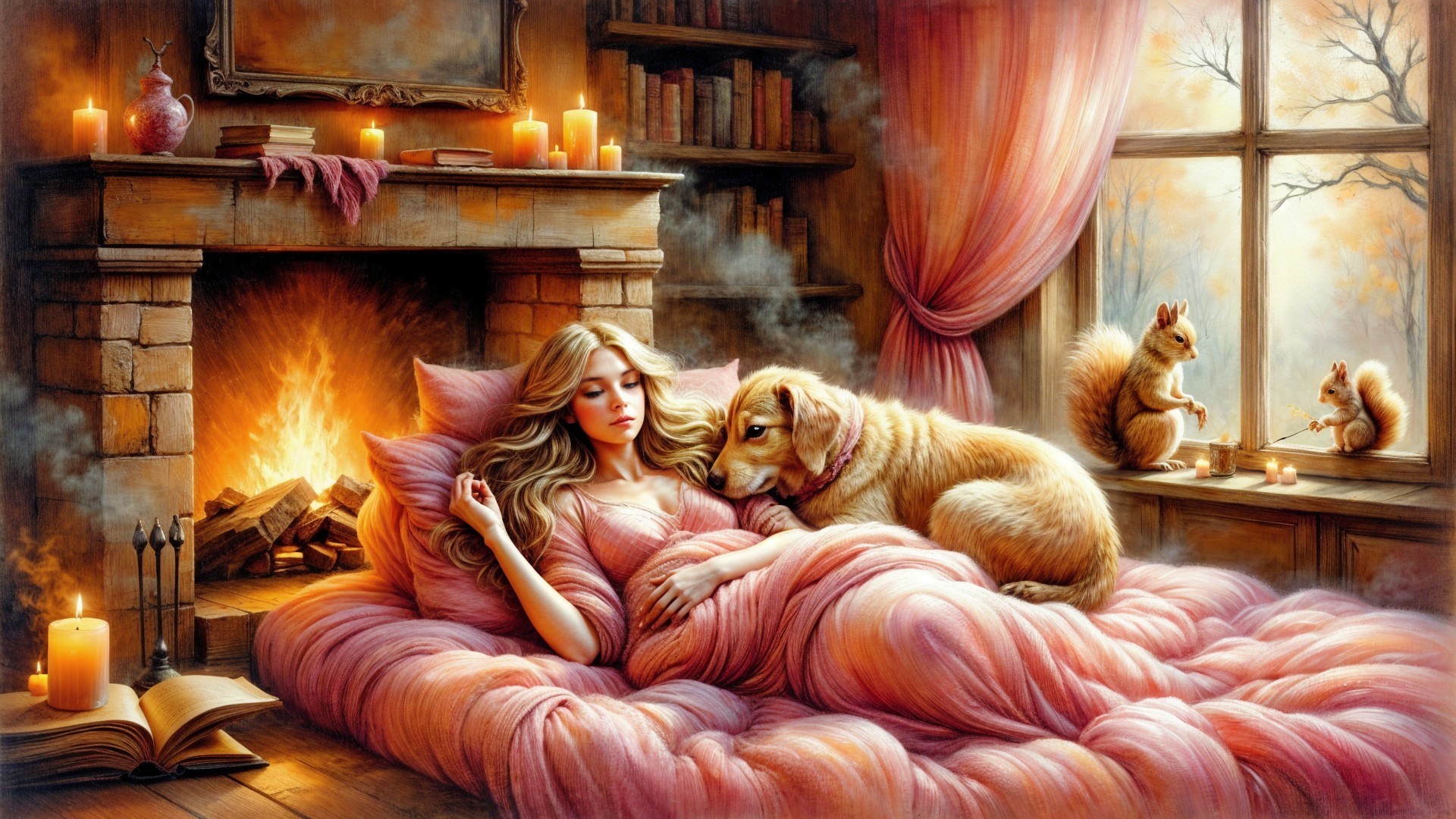 Cozy Room with Fireplace and Peaceful Scene