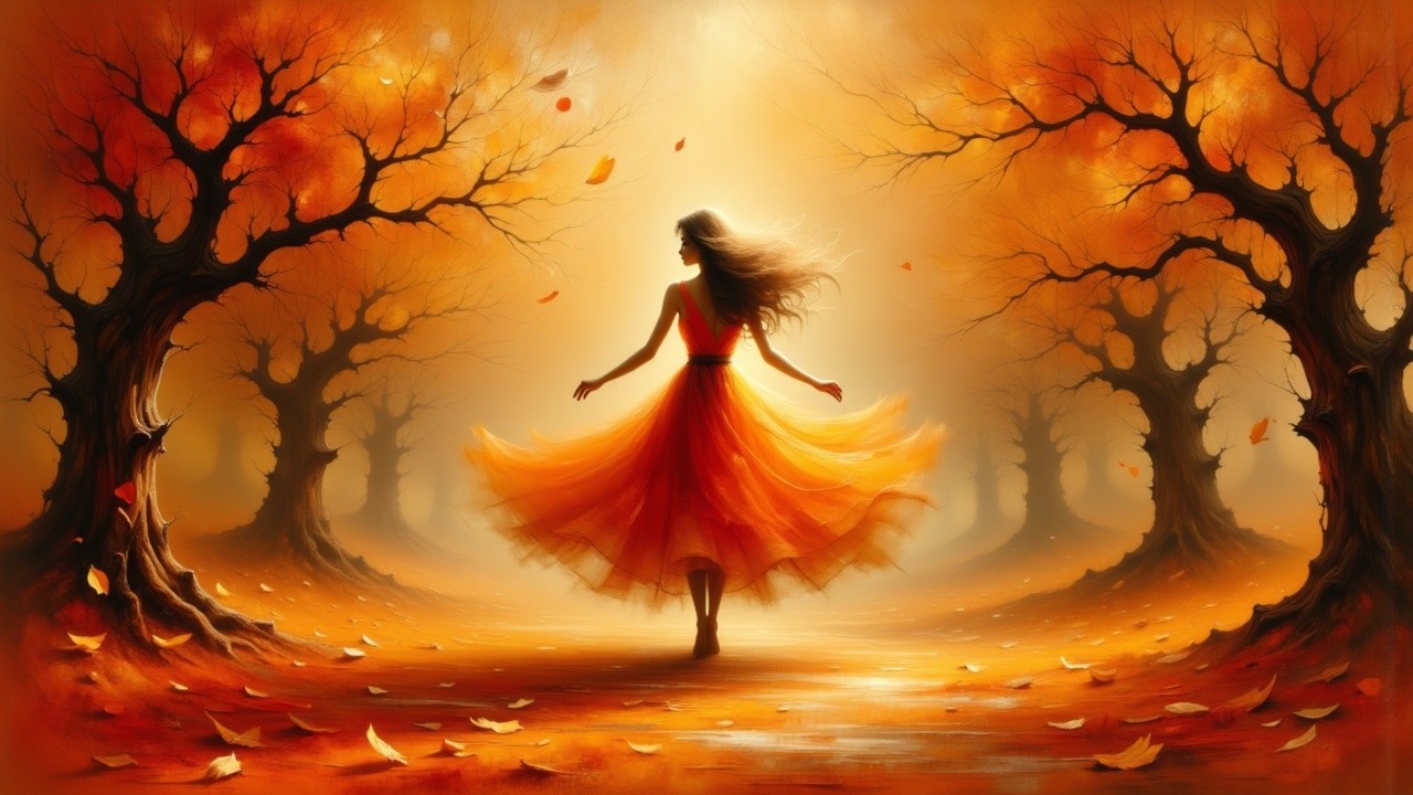 Woman in Orange Dress in Autumn Landscape
