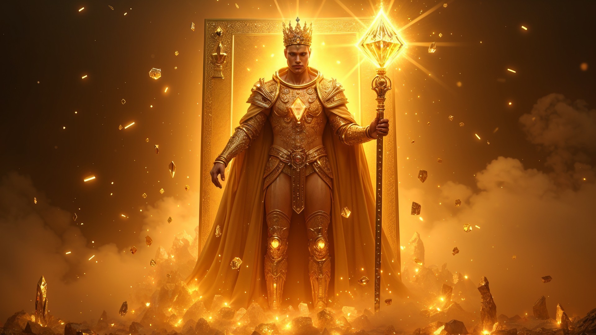 Majestic figure in ornate armor within golden environment