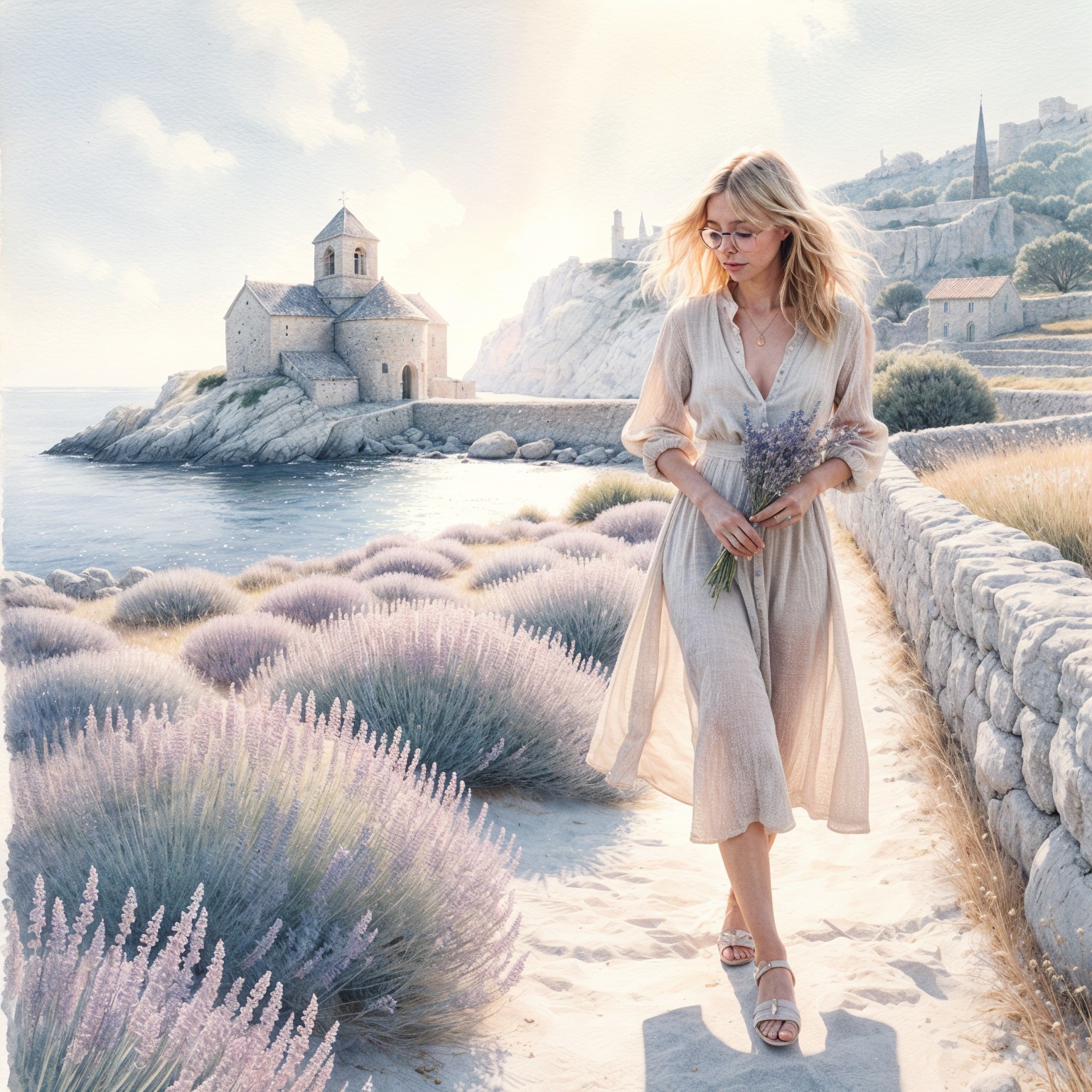 Serene landscape with woman and blooming lavender fields