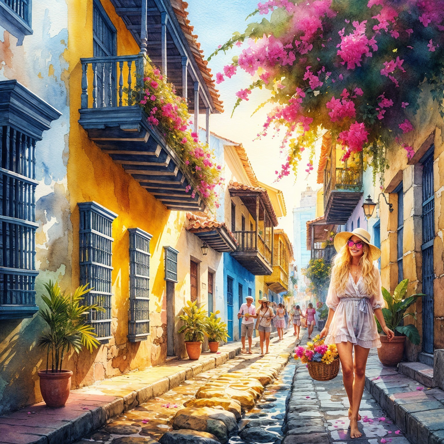 Vibrant Colonial Street with Bougainvillea and Strollers