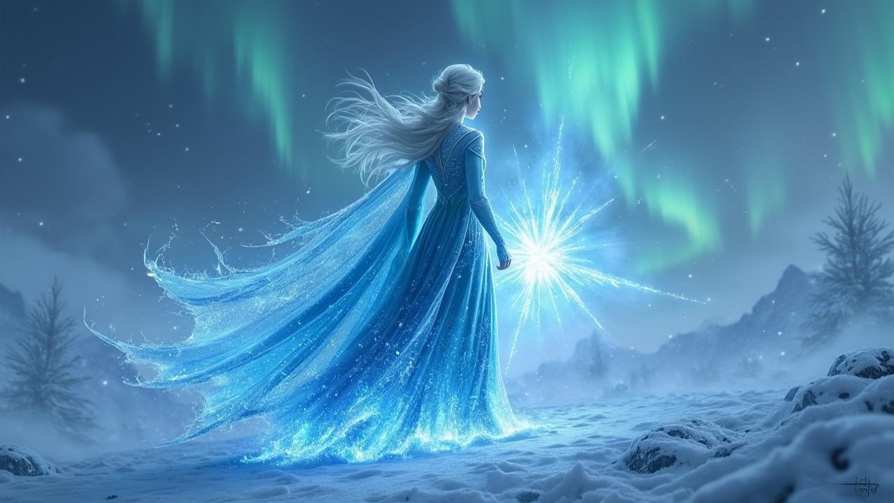 Female figure in ice-blue gown under northern lights