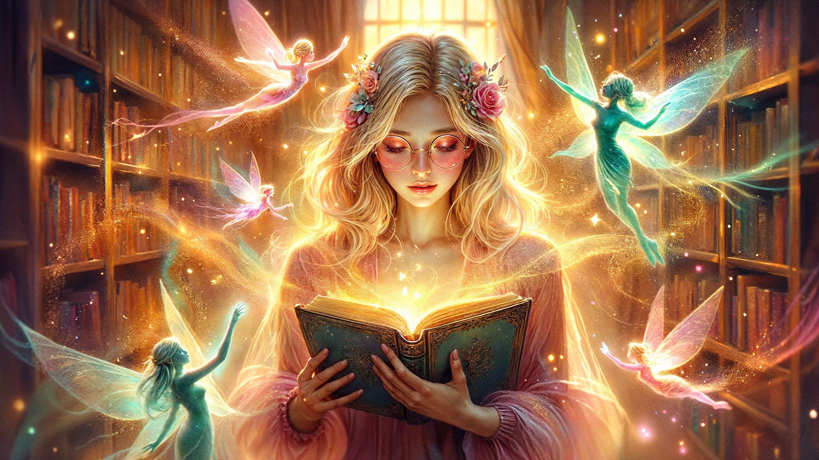Young woman reading in a magical library setting