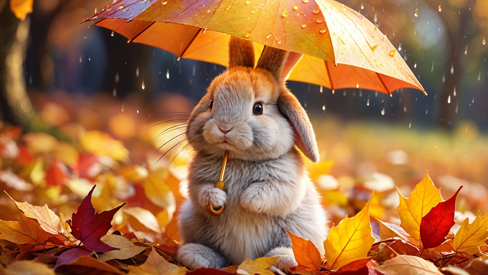 Rabbit Under Orange Umbrella on Colorful Autumn Leaves