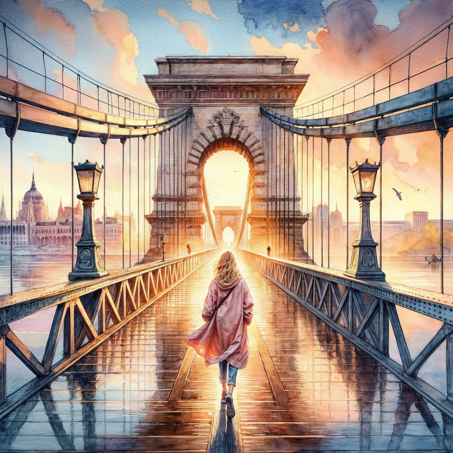 Watercolor Scene of Figure Walking Toward Archway