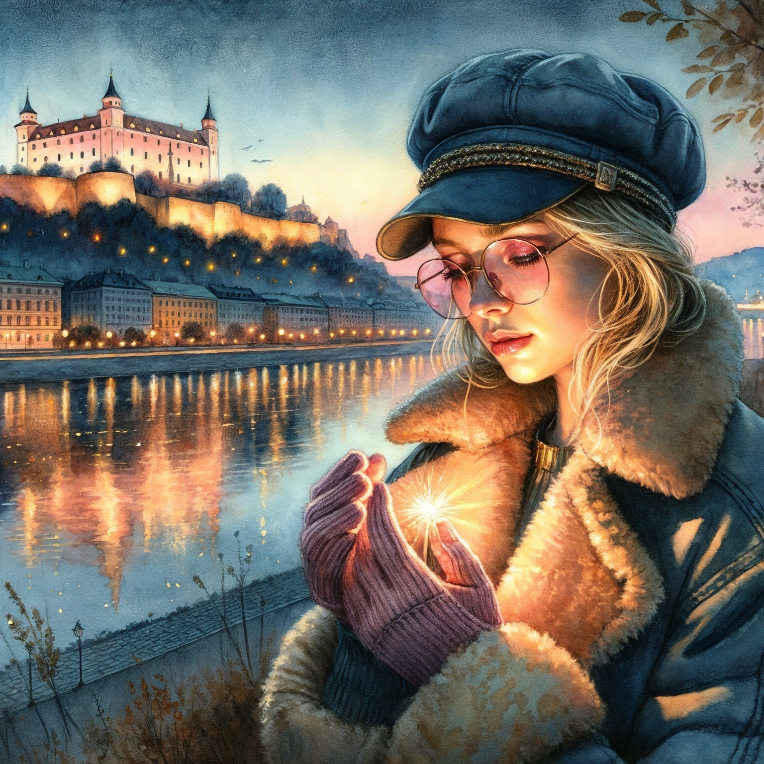Young woman by river at twilight with sparkler and castle