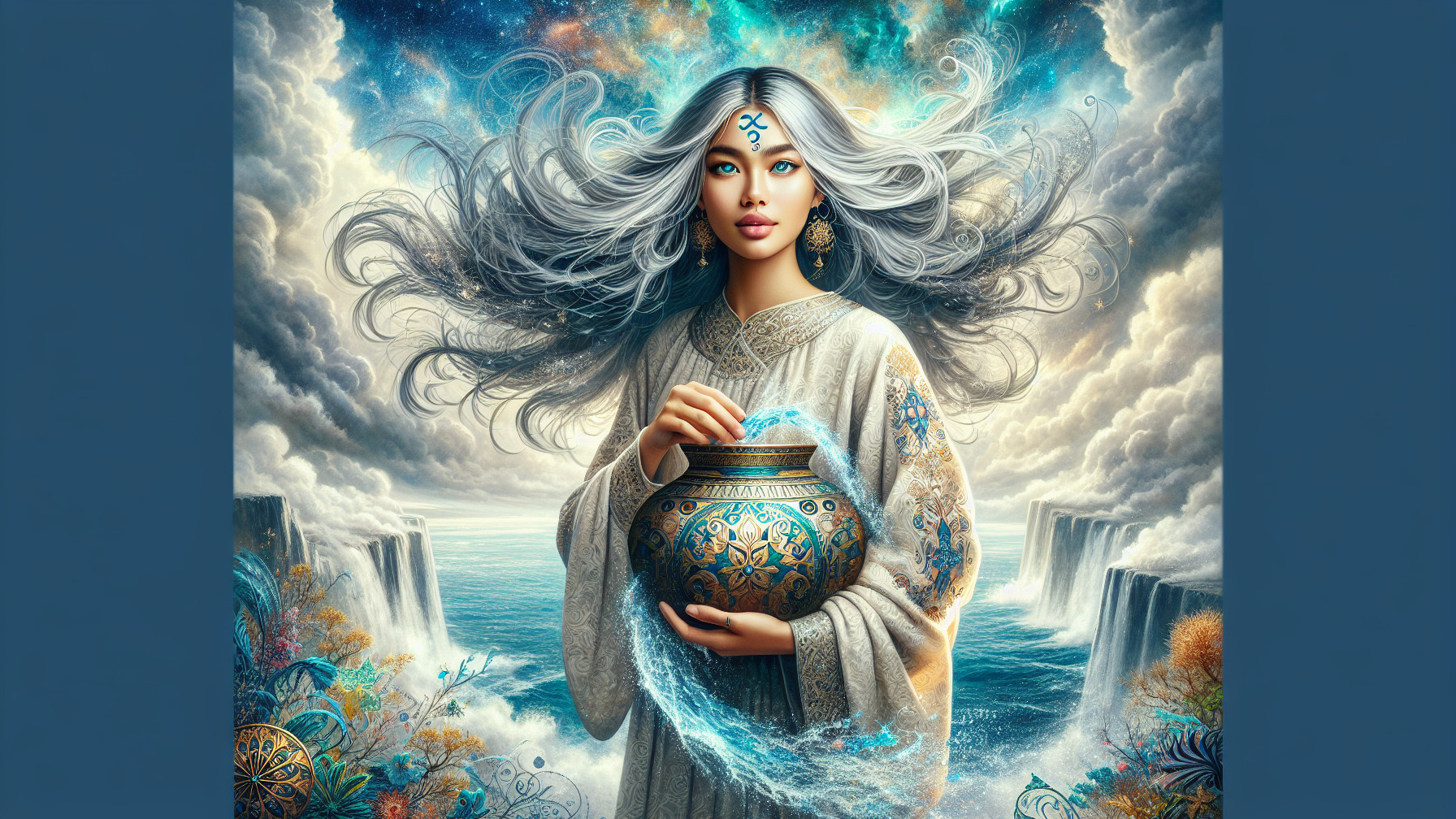 Mystical Figure with Cascading Waves and Turbulent Seas