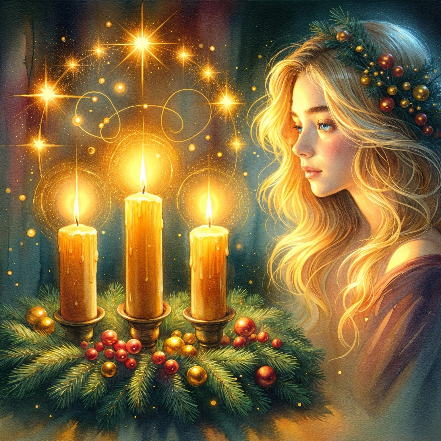 Watercolor of a woman in red dress by candles and wreath