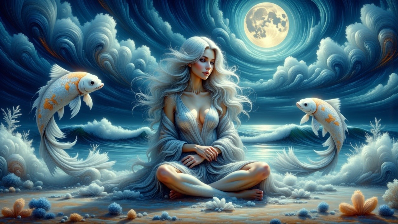 Mystical Woman by the Shore Under a Full Moon