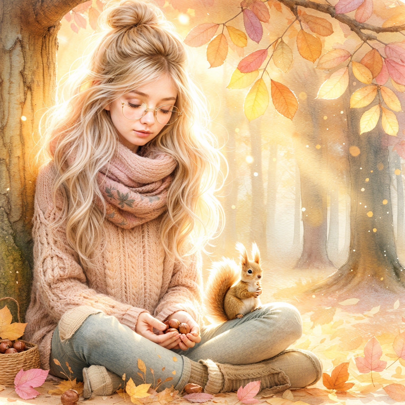 Young Woman in Autumn Forest with Squirrel and Chestnut