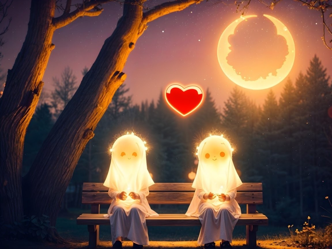 Ghostly Figures on a Bench in a Serene Forest