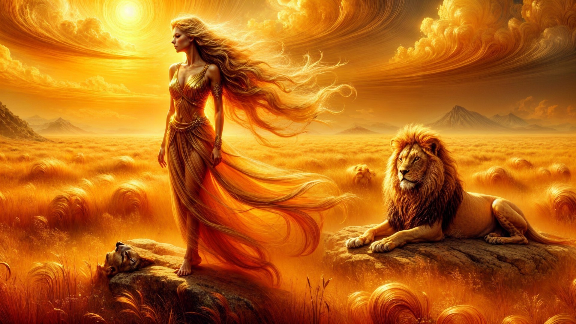 Majestic Woman and Lion in Golden Savanna Landscape
