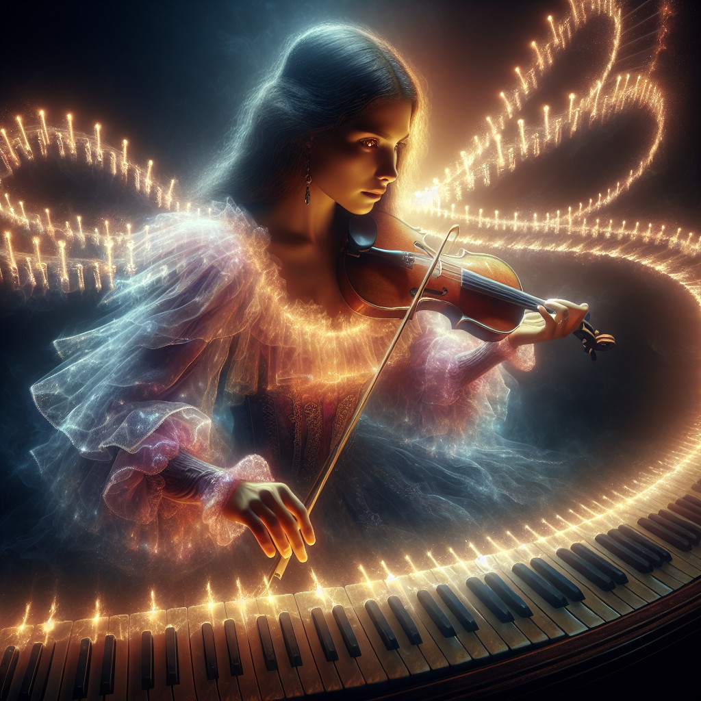 Ethereal Violinist Surrounded by Musical Lights