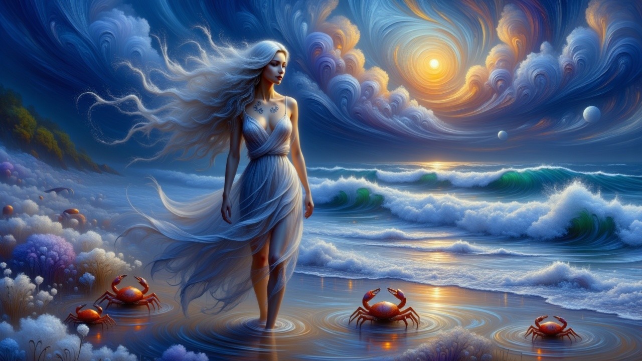 Twilight Beach Scene with Ethereal Woman and Coral
