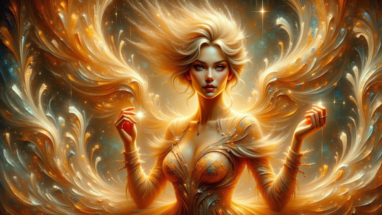 Radiant Figure Surrounded by Golden Aura and Stars