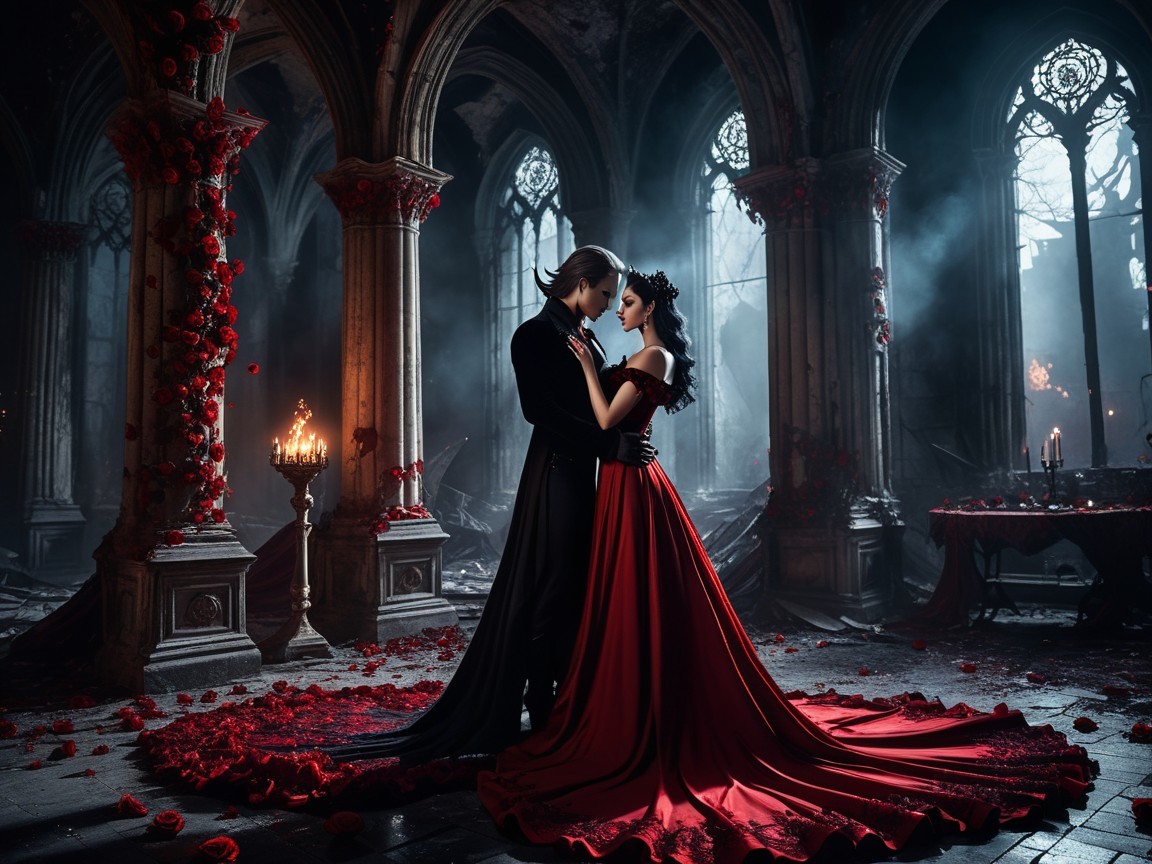 Gothic Couple Embraces in Romantic Dim Light