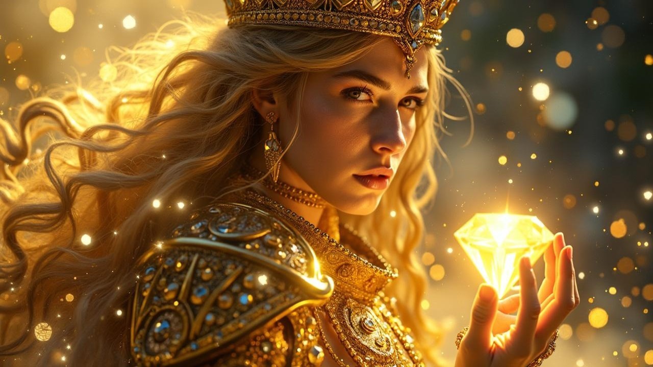 Regal figure in gold armor with yellow diamond crown