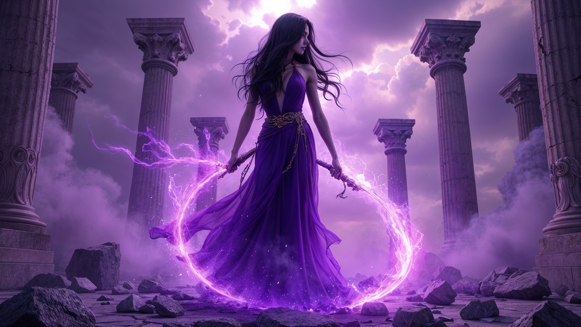 Mystical figure in purple gown among ancient columns