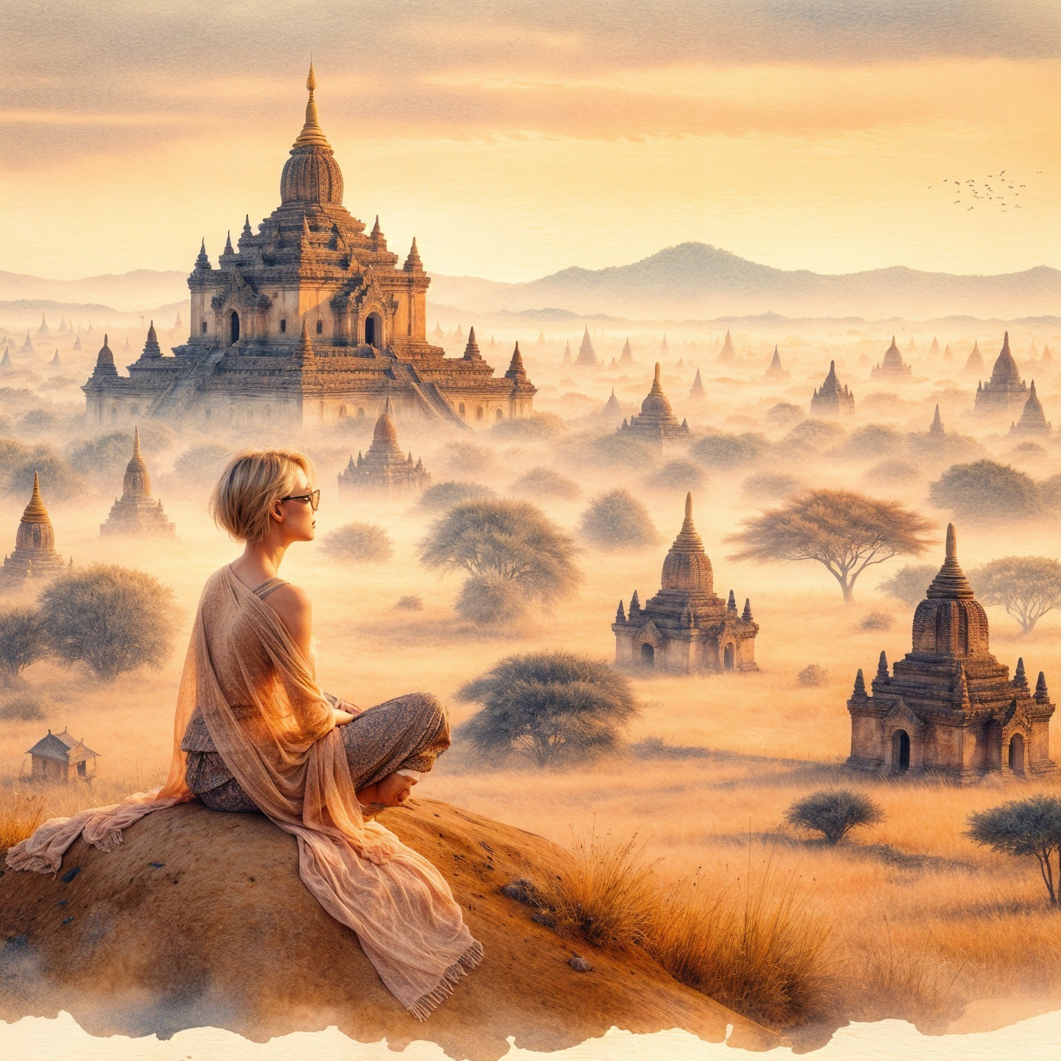 Woman on Hilltop Overlooking Pagodas and Valleys