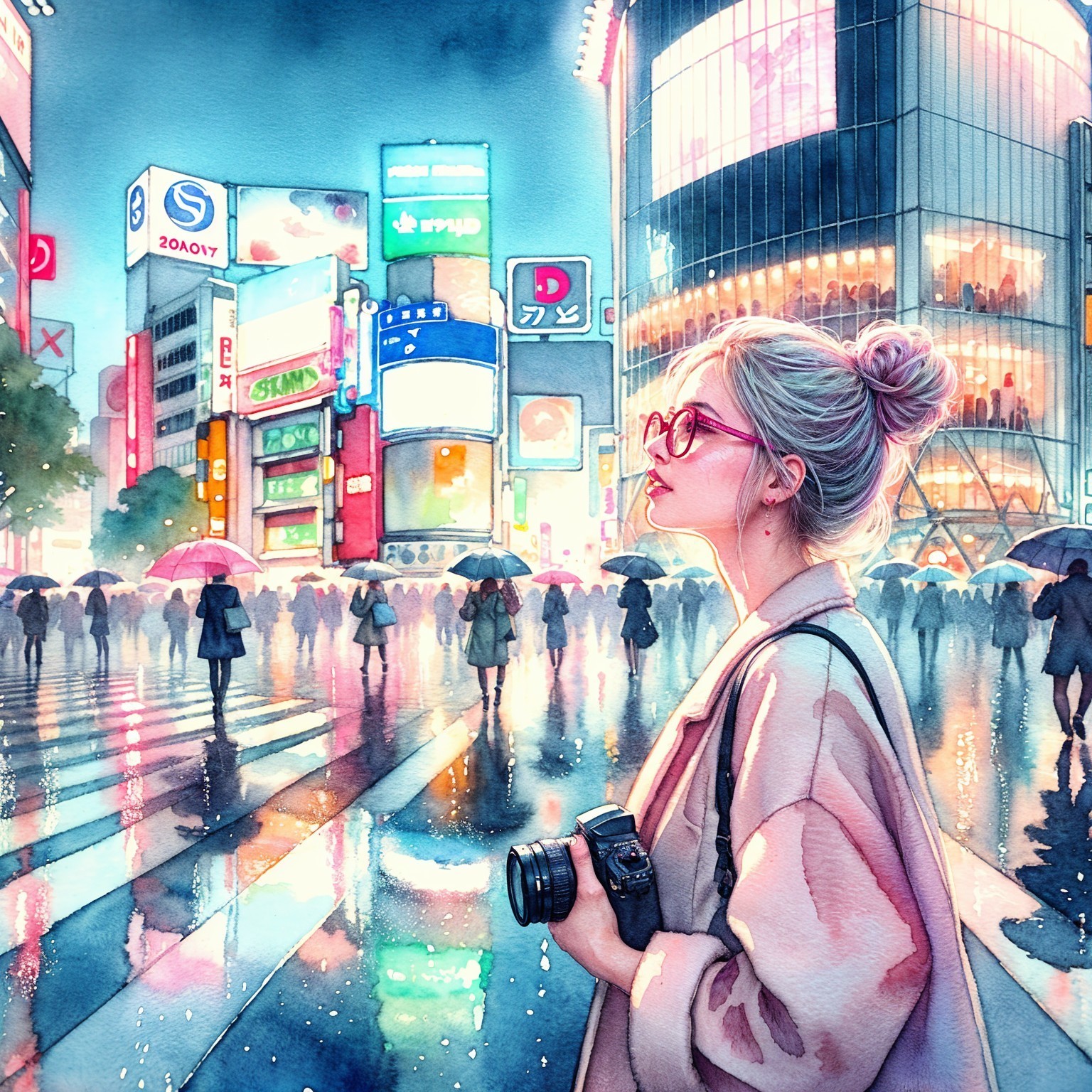 Young woman with camera in vibrant night cityscape