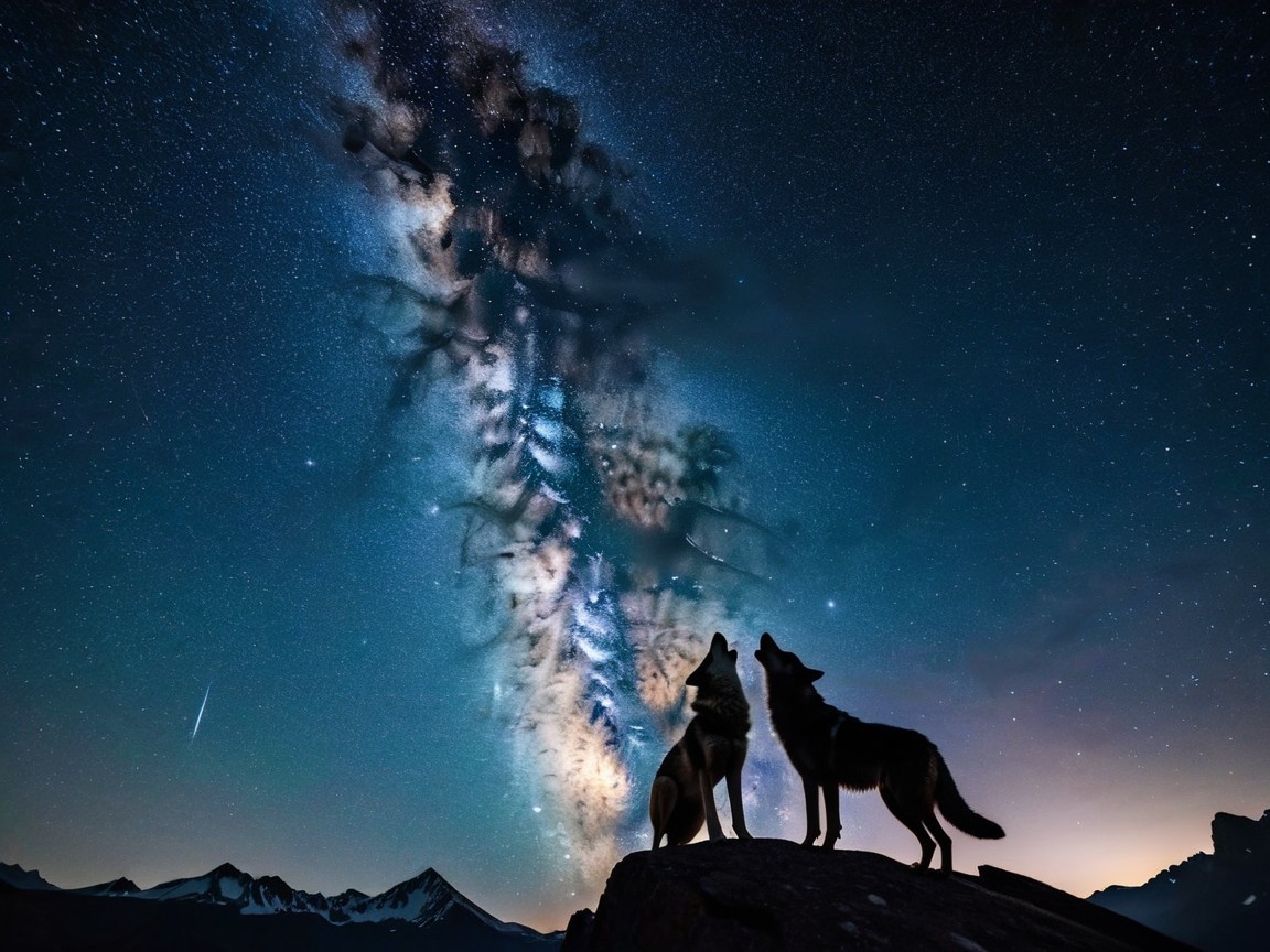 Wolves Silhouetted Against Starry Night Sky