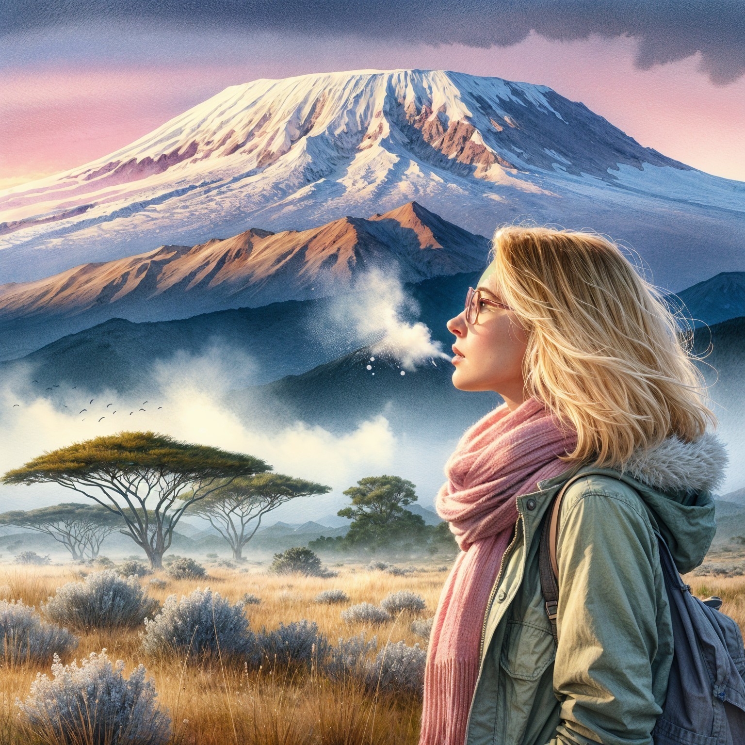 Young Woman in Scenic Landscape with Mountains and Sunset