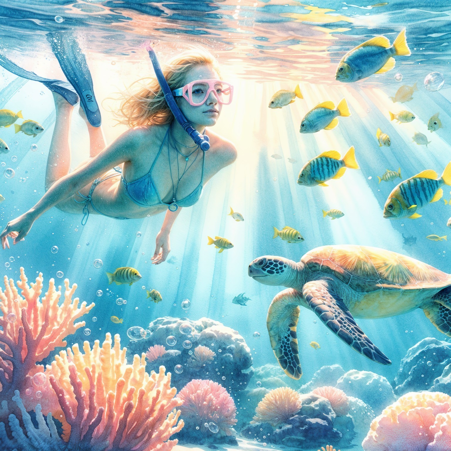 Underwater Scene with Snorkeler and Colorful Marine Life