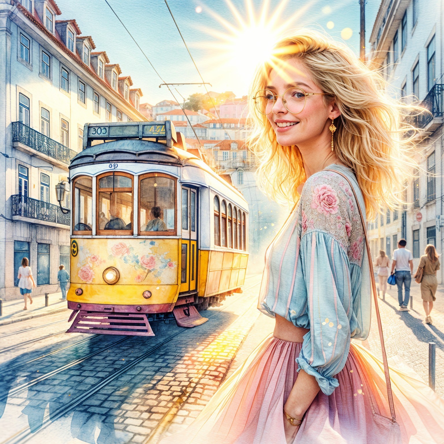 Young Woman by Yellow Tram in Vibrant City Scene