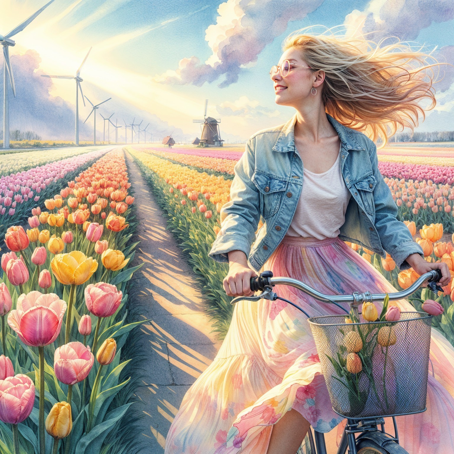 Woman Biking Through Colorful Tulip Field Landscape