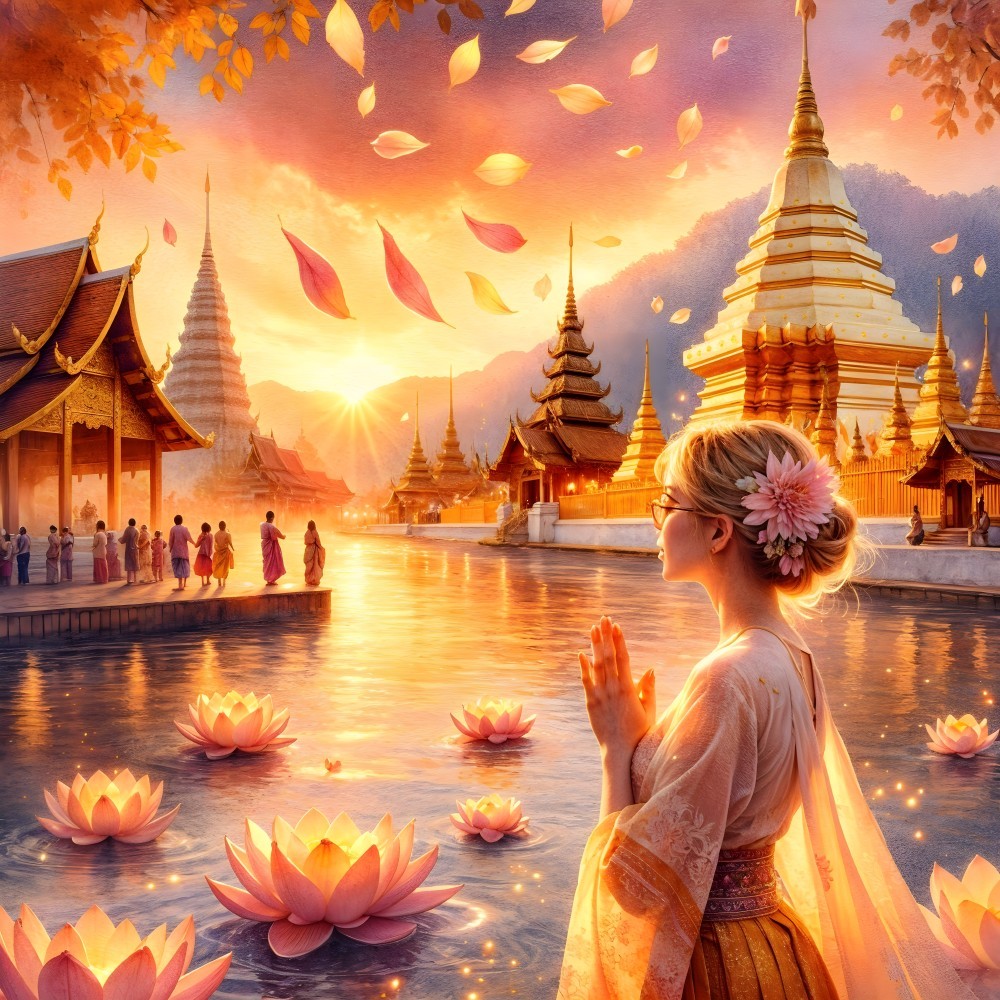 Twilight Scene with Woman by Lotus Lake and Temples