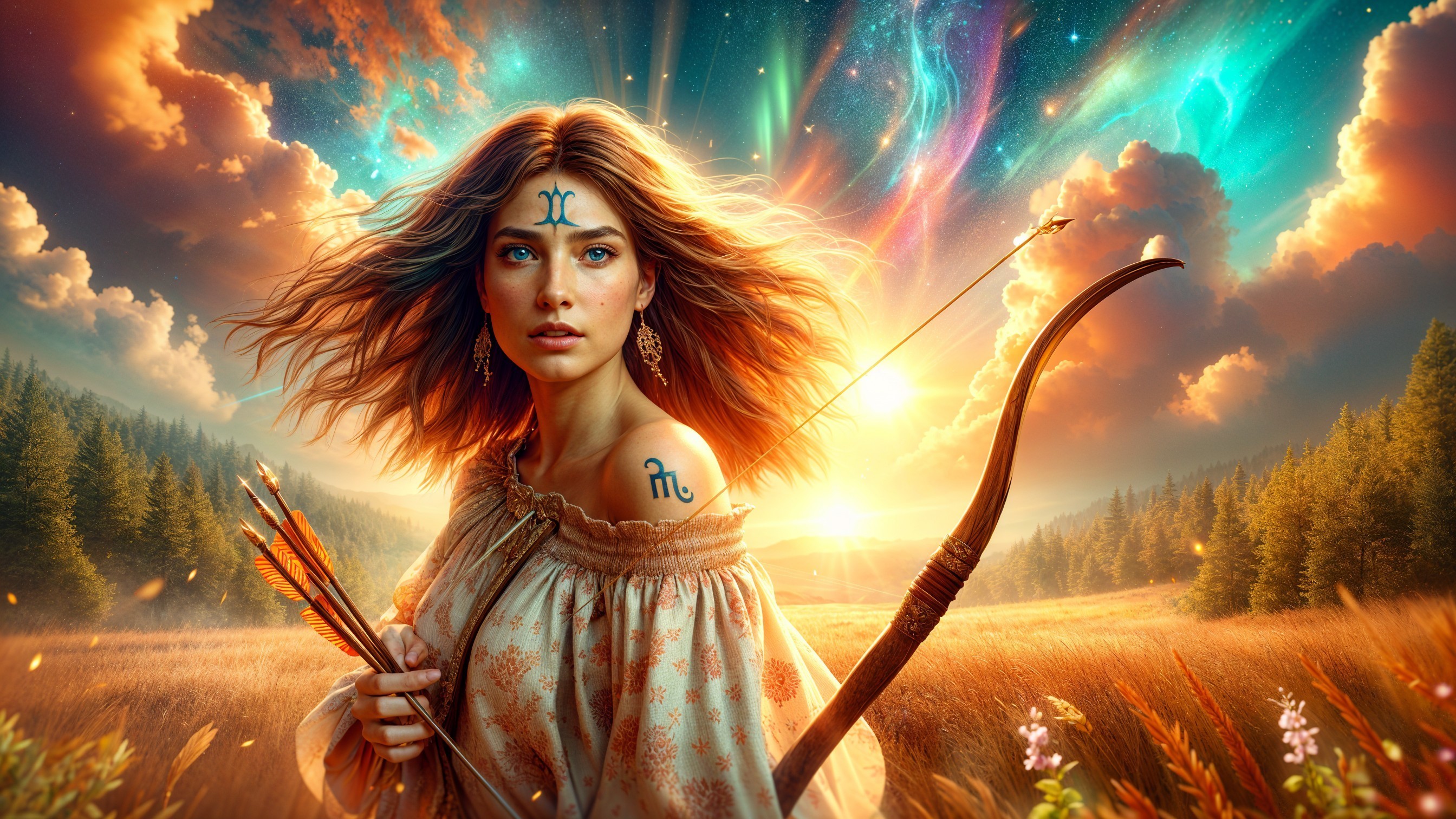 Mystical Woman in Vibrant Field with Cosmic Sky