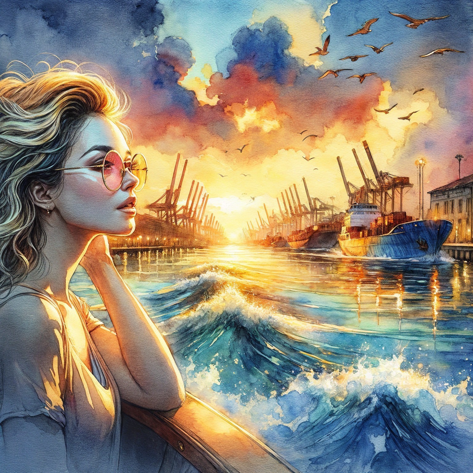 Watercolor Scene of Woman at Vibrant Sunset Harbor