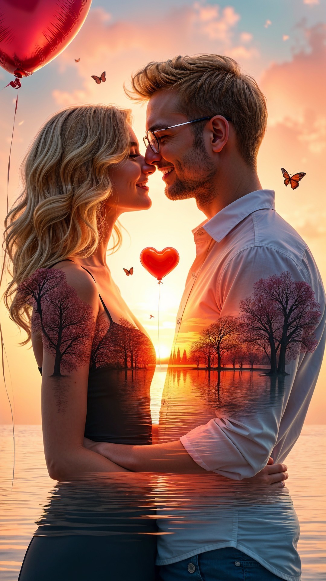 Couple Embracing at Sunset with Romantic Elements