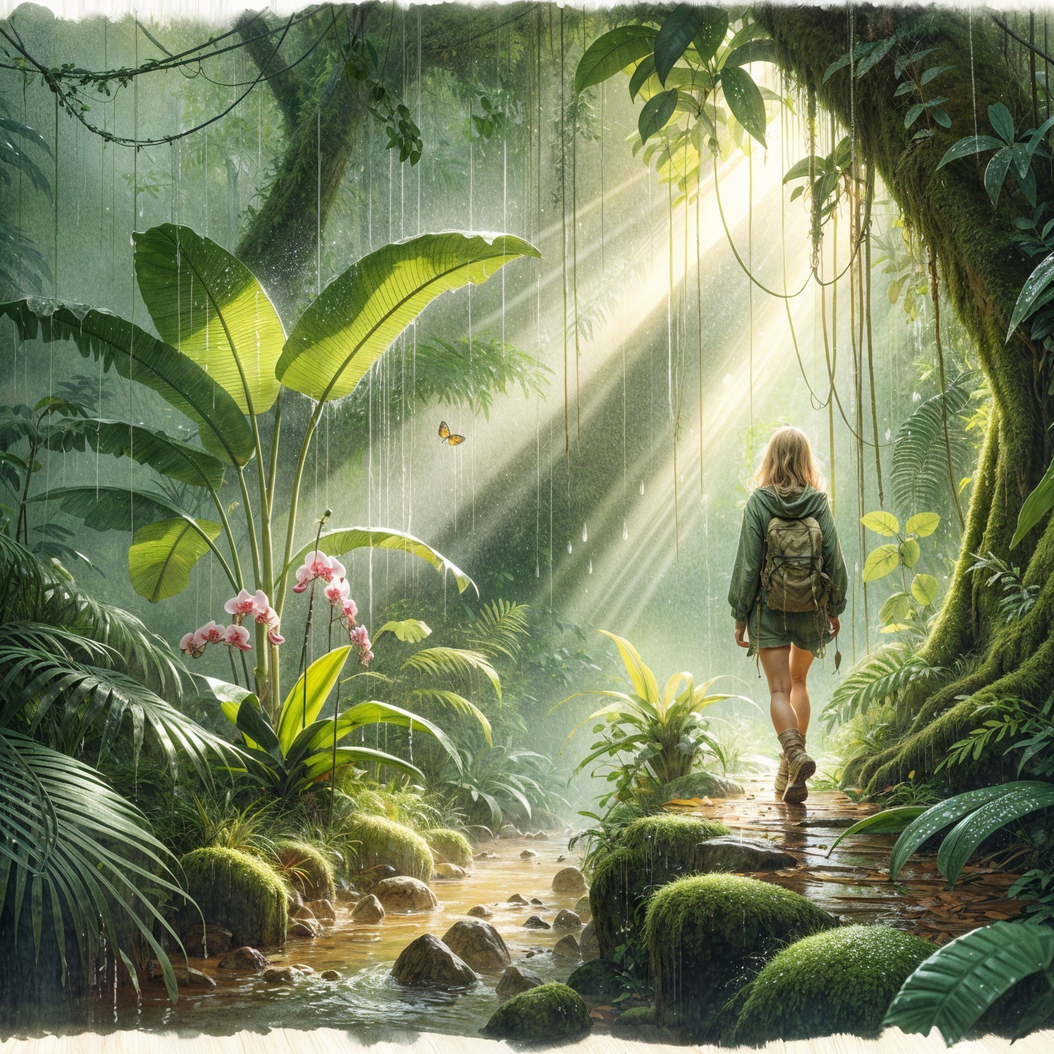 Young Adventurer in a Lush Jungle with Sunlight