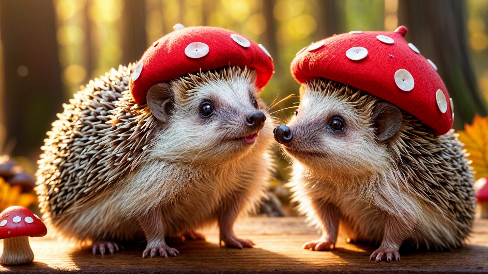 Hedgehogs with Mushroom Caps in a Forest Setting