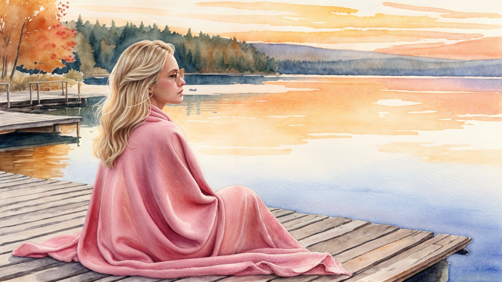Lakeside Sunset with Woman on Dock in Pink Blanket