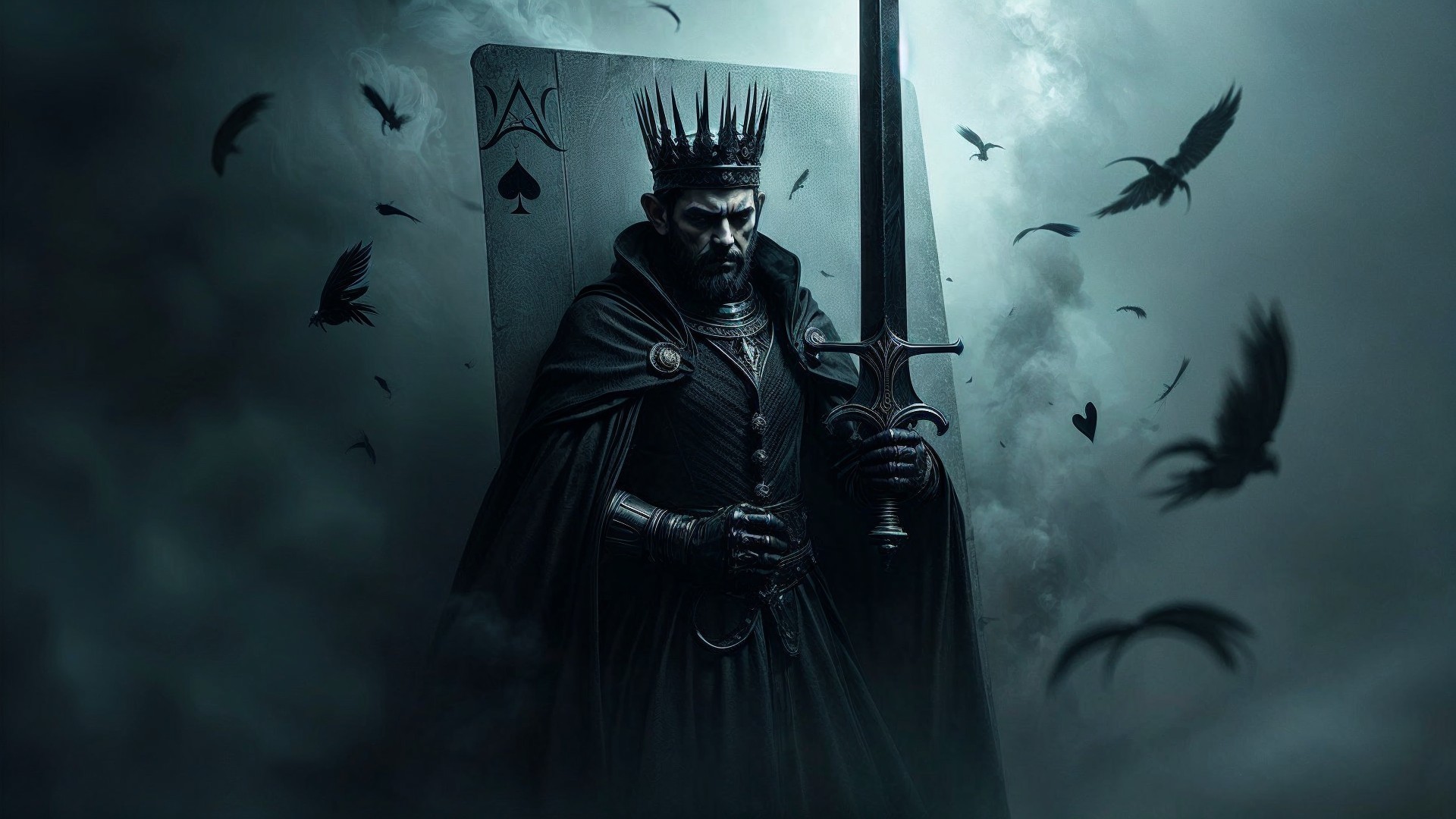 Regal figure in black cloak with sword and shadows
